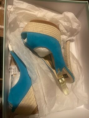 N.Y.L.A. Turquoise Suede Espadrille Wedge Slingbacks